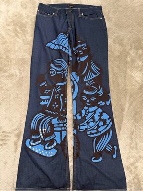RARE Custo Barcelona Dark Bluey Wide-Leg Jeans with Bright Blue Graphic
